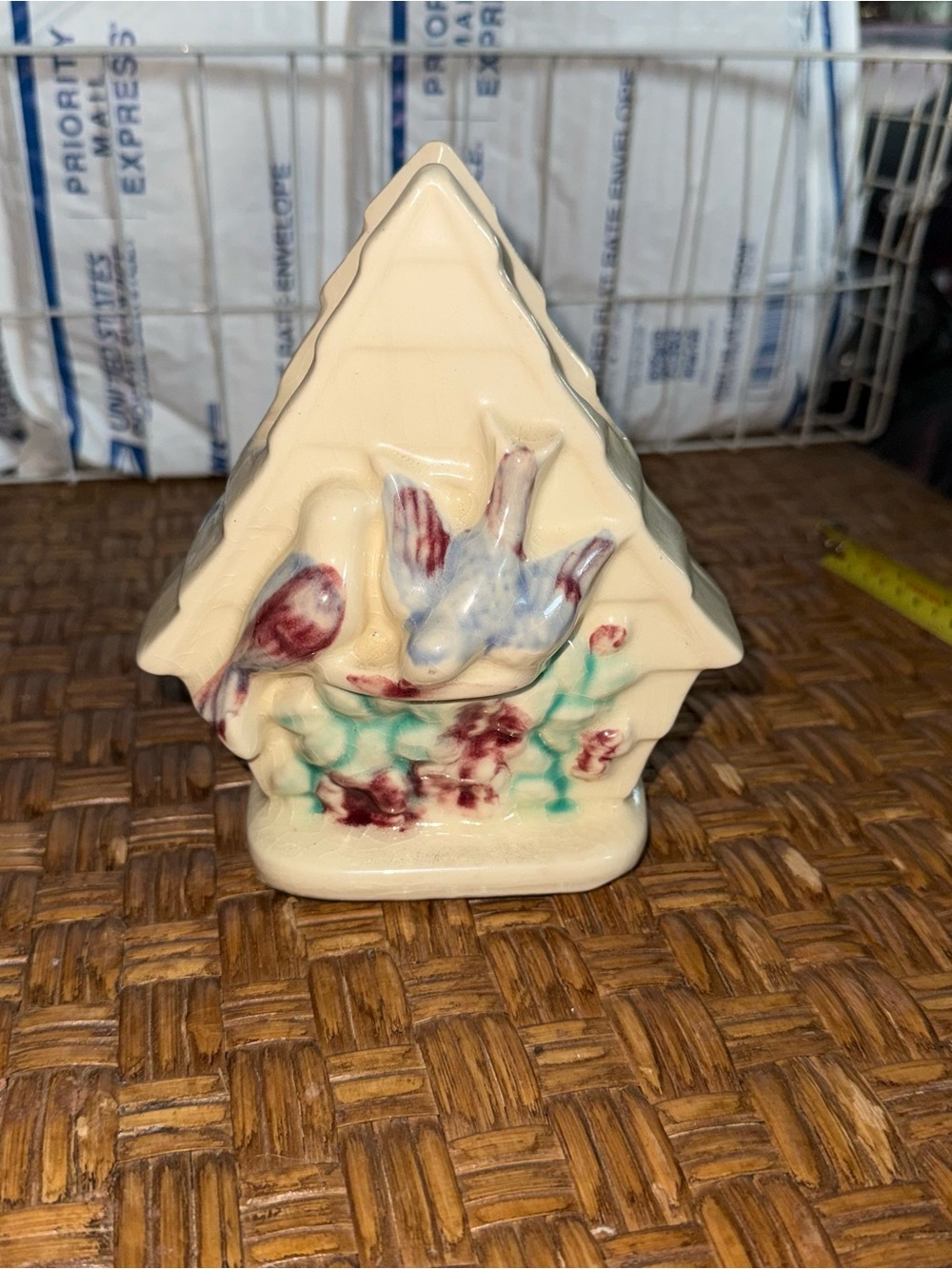Vintage 1930's Shawnee Art Pottery Blue Bird House Birdhouse Wall Pocket Vase
